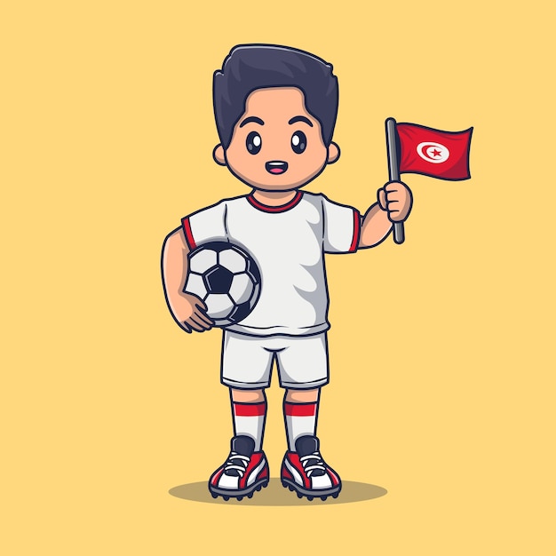 Lindo jugador de fútbol de Túnez en kit con bandera de sujeción y ilustración de icono de vector de dibujos animados de bola.