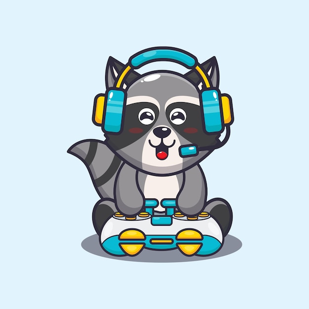 Lindo jugador de mapache Ilustración de animal de dibujos animados lindo
