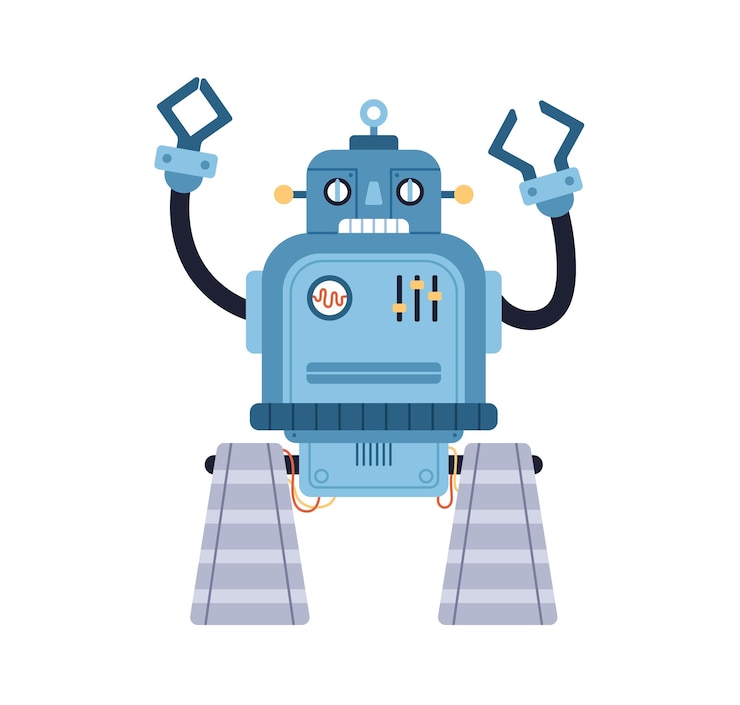 Vector lindo juguete robot divertido. antiguo robot retro al estilo de los años 50. cyborg infantil con cara y manos extrañas. retrato de una máquina humanoide para niños. ilustración de vector de dibujos animados plana color aislado sobre fondo blanco
