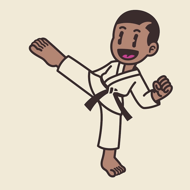 Lindo Karate Boy Cinturón Negro Dibujos Animados Aislados