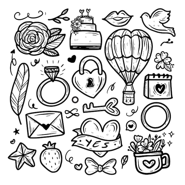 Lindo kawaii amor y boda icono doodle dibujo colección set