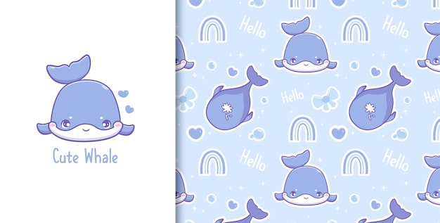 Lindo kawaii azul ballenas mar animales dibujos animados doodle de patrones sin fisuras y tarjeta