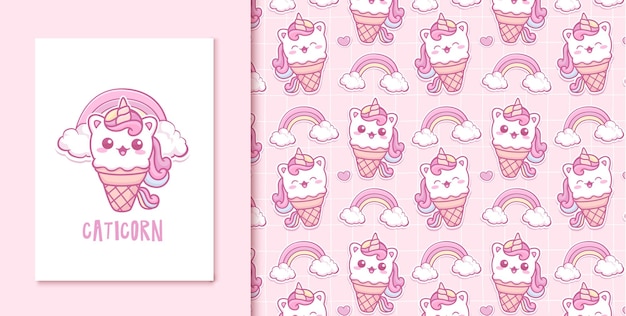 Lindo kawaii caticorn y helado garabato de patrones sin fisuras y tarjeta de dibujos animados ilustración