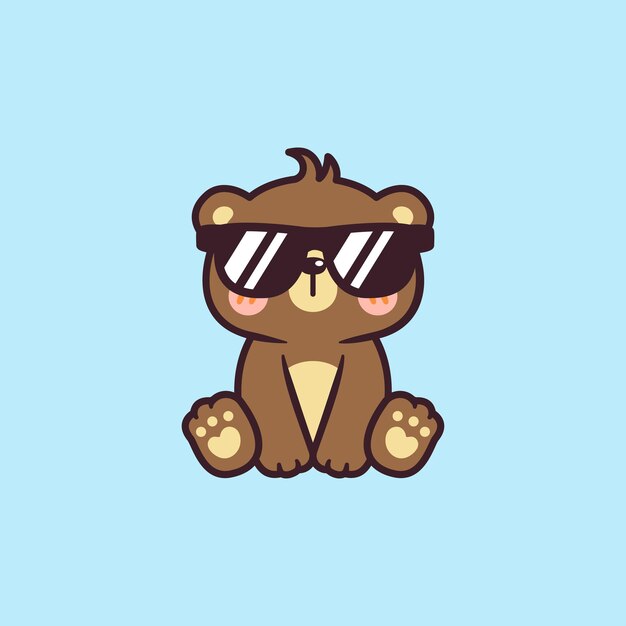 El lindo Kawaii Cool Bear sentado con gafas de sol negras Ilustración vectorial de dibujos animados Logotipo de la mascota