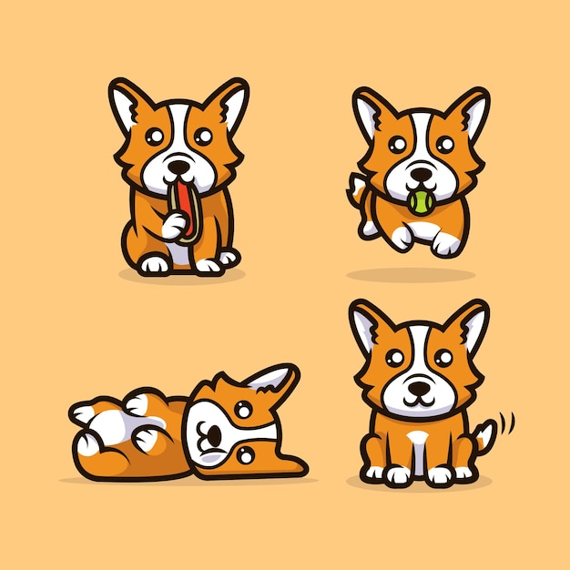 Lindo kawaii corgi perro mascota diseño ilustración vector set plantilla