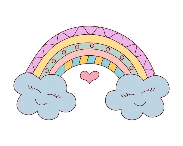 Vector lindo kawaii doodle arco iris con nubes ilustración de vector colorido dibujado a mano