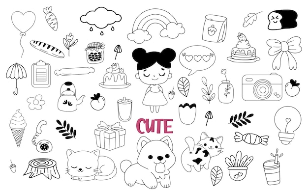 El lindo Kawaii doodle line art decoración de juegos de clipart