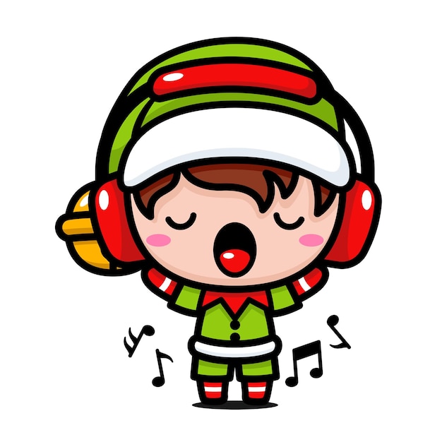 Vector el lindo y kawaii elfo de navidad con auriculares