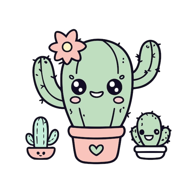 Lindo Kawaii feliz cactus ilustración vectorial