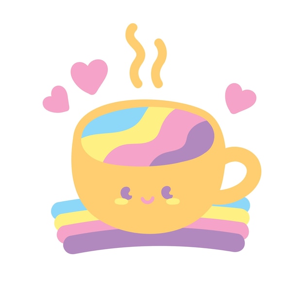 Vector lindo kawaii feliz taza con dulce arco iris bebida dibujado a mano vector de dibujos animados