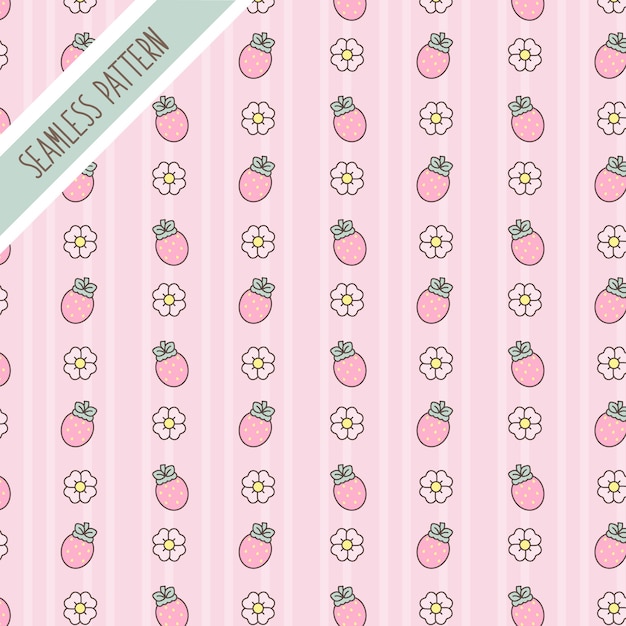 Lindo kawaii floral y patrones sin fisuras de fresas