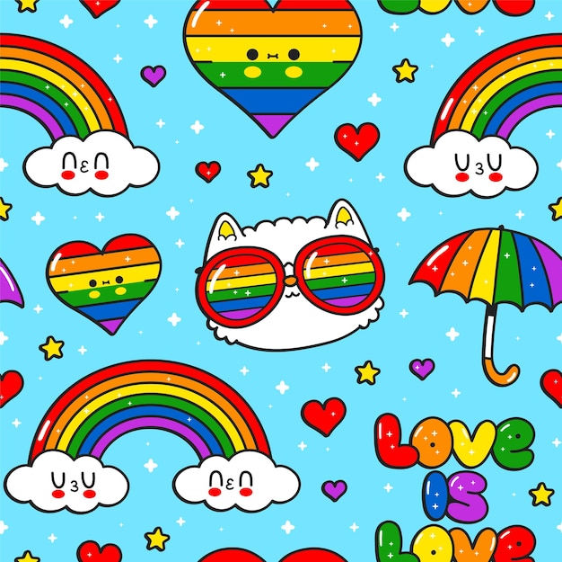 Lindo kawaii gaylgbt de patrones sin fisuras vector doodle diseño de ilustración de personajes de dibujos animados gaylgbt rigtsrainbowheart diseño de impresión de patrones sin fisuras para el concepto de camiseta de póster