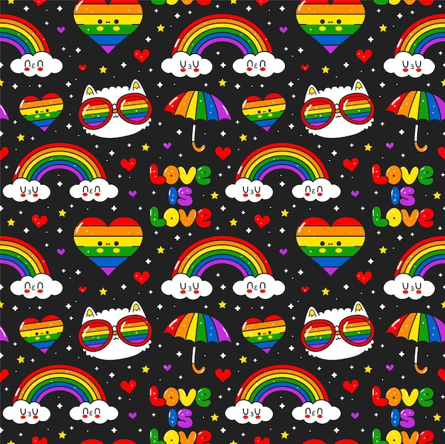 Lindo kawaii gaylgbt de patrones sin fisuras vector doodle diseño de ilustración de personajes de dibujos animados gaylgbt rigtsrainbowheart diseño de impresión de patrones sin fisuras para el concepto de camiseta de póster