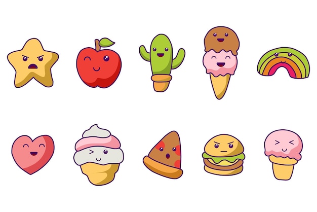 Lindo Kawaii Icono Ilustración Personaje Dibujos Animados Vector Cara Diseño fondo comida elemento japonés dulce emoji gráfico emoticono