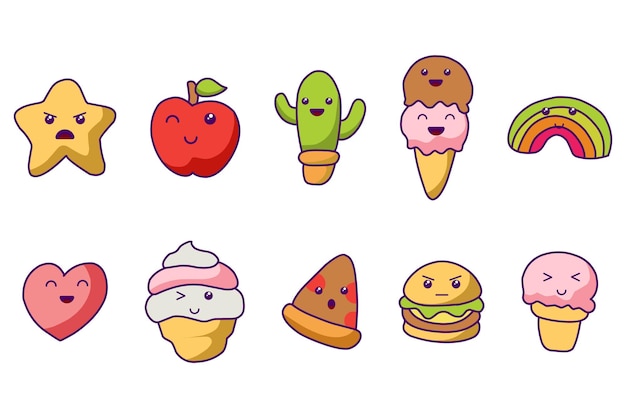 Vector lindo kawaii icono ilustración personaje dibujos animados vector cara diseño fondo comida elemento japonés dulce emoji gráfico emoticono