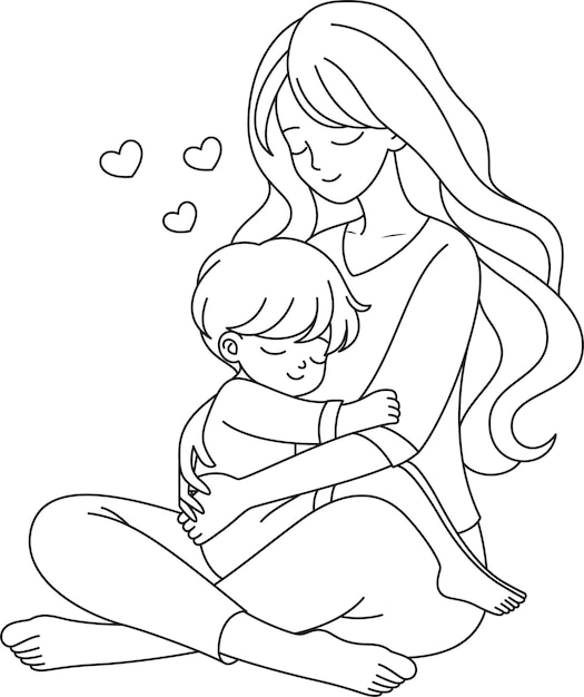 Lindo kawaii Madre abrazando Son Ilustración vectorial de la página de coloreo Ilustración feliz día de la madre