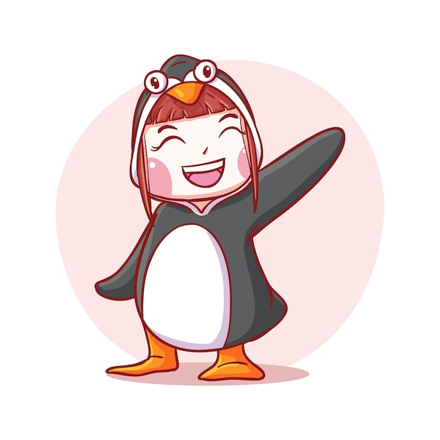 Lindo y Kawaii Niño feliz con traje de pingüino Ilustración de dibujos animados