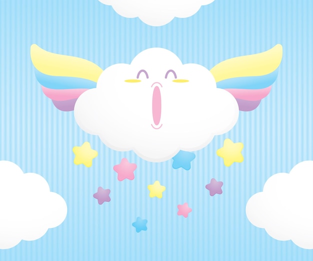 Lindo kawaii nube con coloridas alas pastel y estrellas ilustración vectorial