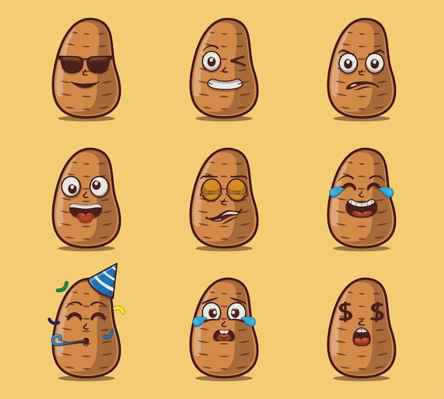Lindo y kawaii patatas verduras emoticon expresión de personaje conjunto de ilustraciones