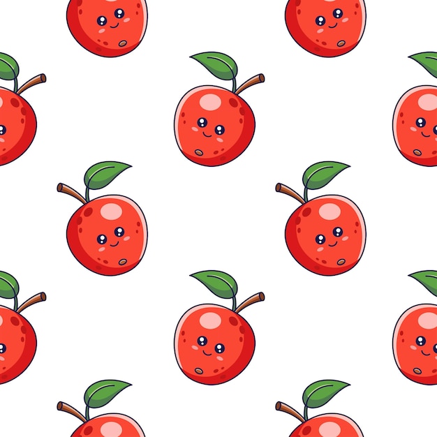 Lindo kawaii rojo Apple patrón sin costuras en estilo doodle Vector dibujado a mano dibujos animados Apple Pattern para ropa de niños