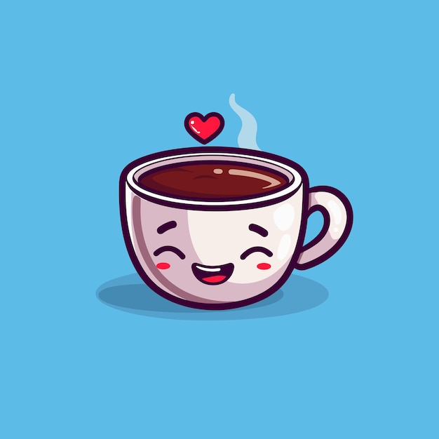 Lindo kawaii sonriendo taza de café personaje de dibujos animados ilustración vectorial