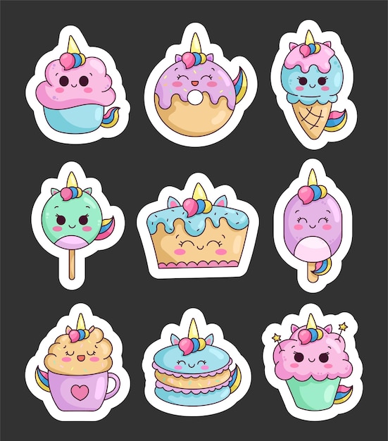 Vector lindo kawaii unicornio comida y postre pegatina marcador de libros pasteles y pastel de cumpleaños