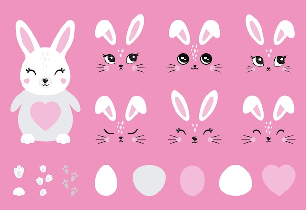 El lindo kit de dibujos animados de la Pascua del conejo blanco Colección de objetos de diseño orejas caras emociones diferentes