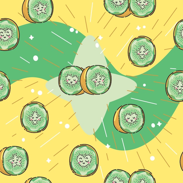 Lindo Kiwi de dibujos animados antropomórficos kawaii con un fondo verde y amarillo de estallido estelar