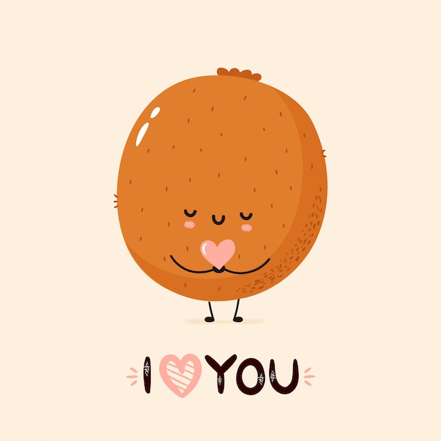 Vector lindo kiwi sonriente con corazón en las manos