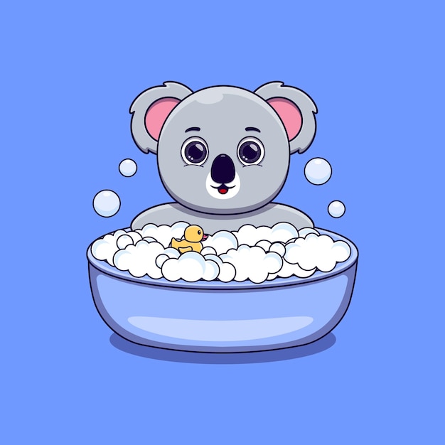 Lindo koala bañándose con juguete de pato y burbujas