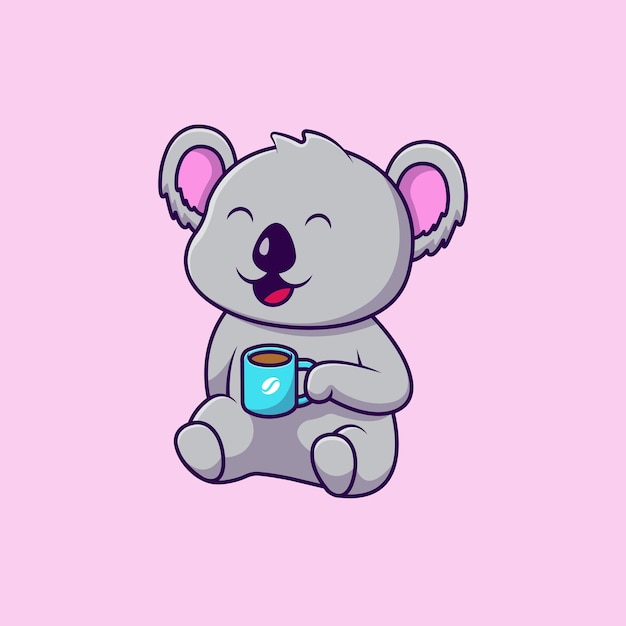 Lindo Koala Beber Café Caliente Taza Dibujos Animados Vector Iconos Ilustración