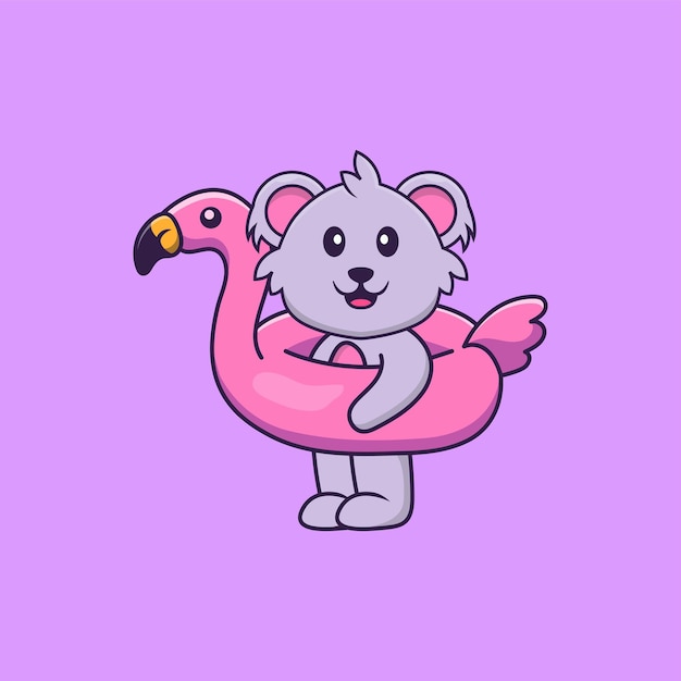 Lindo koala con boya flamingo. concepto de dibujos animados de animales aislado. estilo de dibujos animados plana