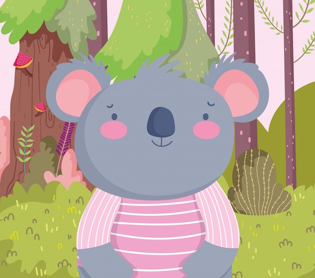 Lindo koala con camisa a rayas personaje de dibujos animados bosque follaje naturaleza