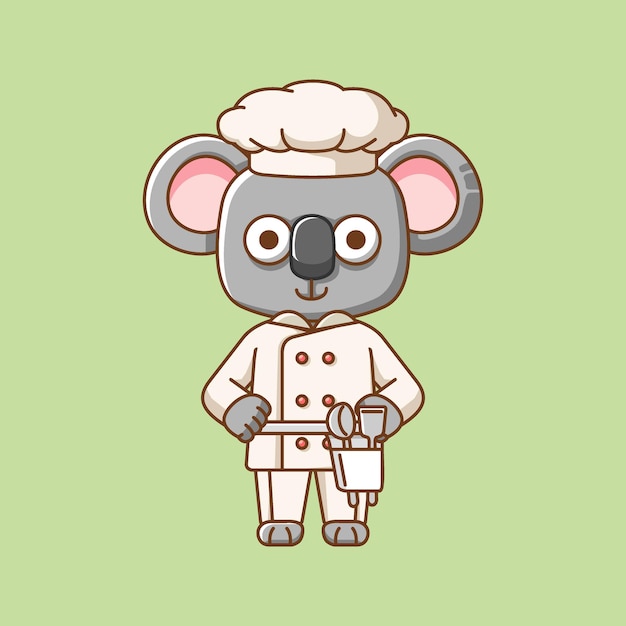 Lindo koala chef cocinero servir comida animal chibi personaje mascota icono línea estilo de arte ilustración