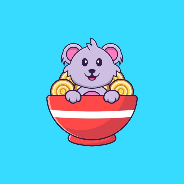 Lindo koala comiendo fideos ramen. concepto de dibujos animados de animales aislado.