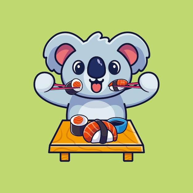 Lindo koala comiendo sushi con ilustración de icono de dibujos animados de palillos
