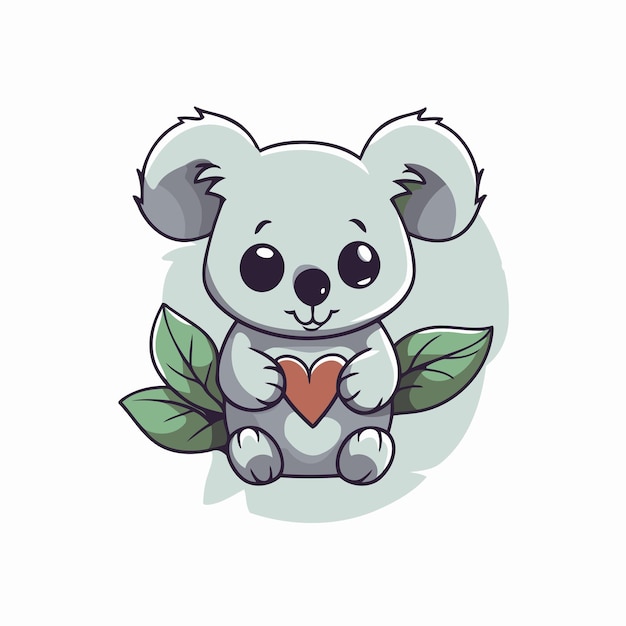 Vector lindo koala con corazón y hojas ilustración de dibujos animados vectorial