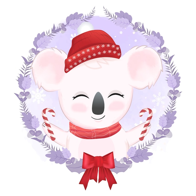 Lindo koala y corona de navidad, ilustración acuarela