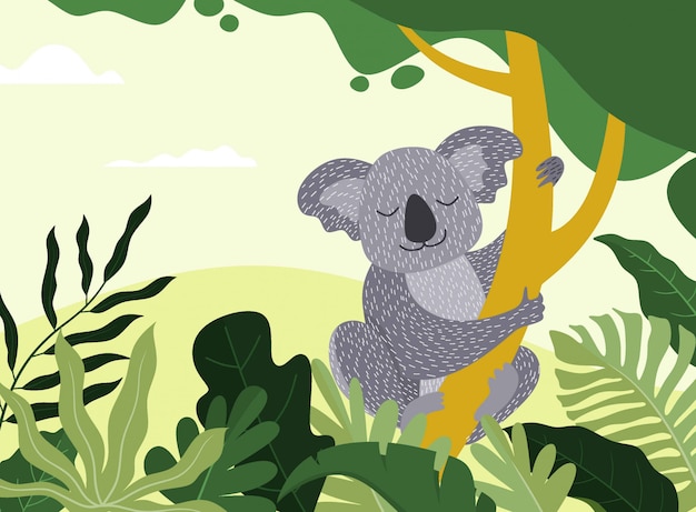 Lindo koala dibujado a mano durmiendo en la rama. Perezoso personaje animal de la selva. ilustración.