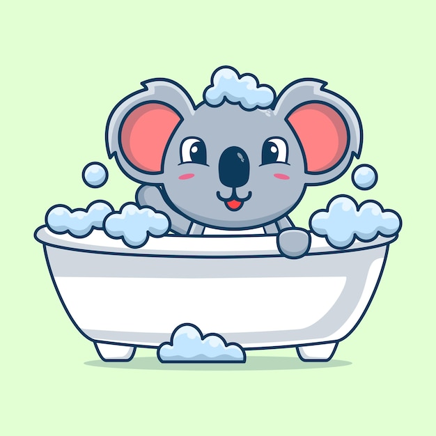 un lindo koala de dibujos animados bañándose en una bañera llena de espuma
