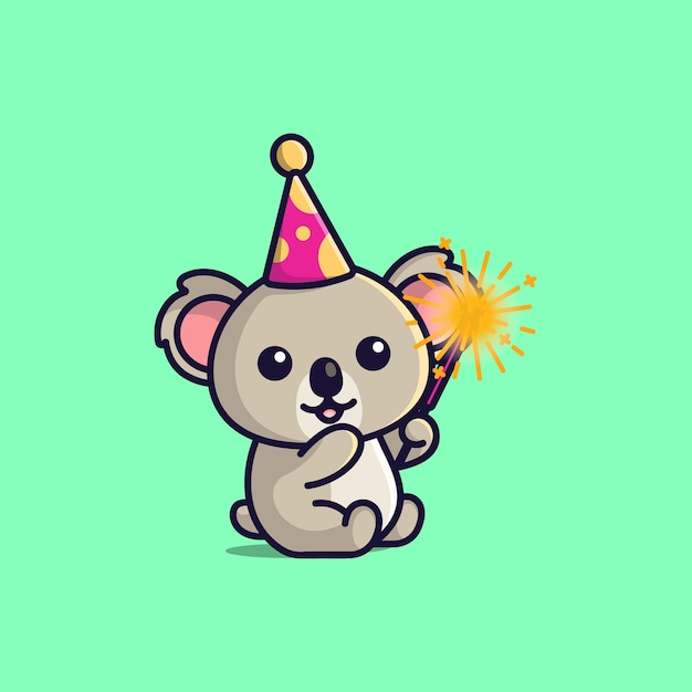 lindo koala de dibujos animados con fuegos artificiales en año nuevo