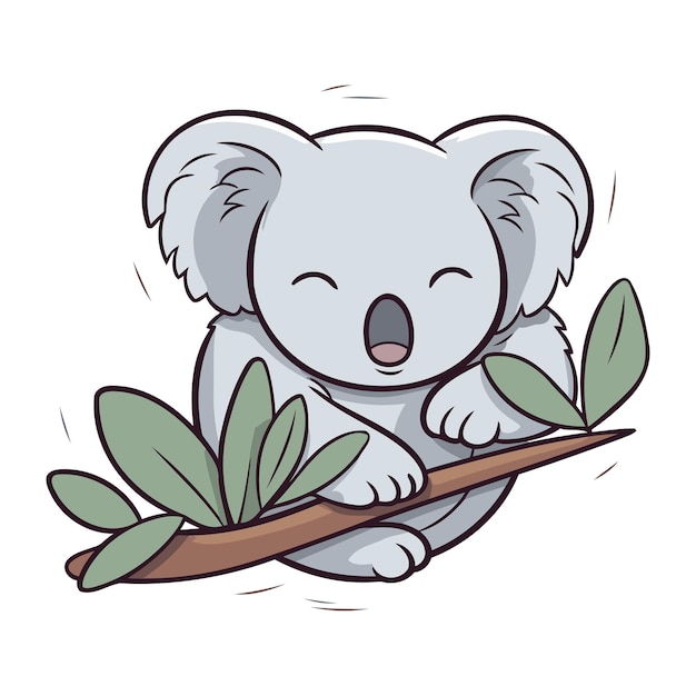 Vector un lindo koala de dibujos animados con una rama de eucalipto