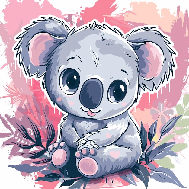 El lindo koala de dibujos animados sentado en un fondo floral ilustración vectorial