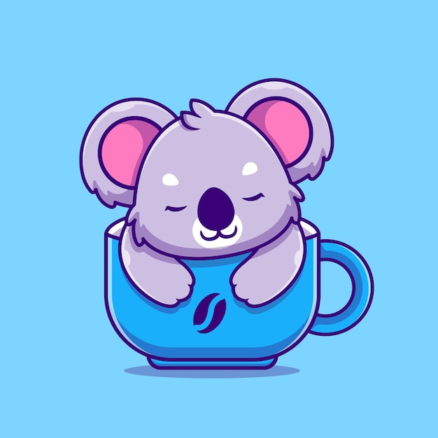 Lindo koala durmiendo en la ilustración de icono de dibujos animados de taza. Concepto de icono de comida animal aislado. Estilo de dibujos animados plana