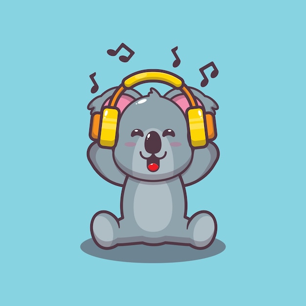 Lindo koala escuchando música con ilustración de vector de dibujos animados de auriculares