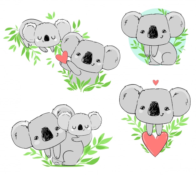 Vector lindo koala establece impresión infantil hermosa, ilustración animal dibujado a mano.