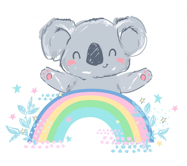 Lindo koala gris está sentado en un arco iris. Ilustración infantil de stock. Fondo rosa con corazón.