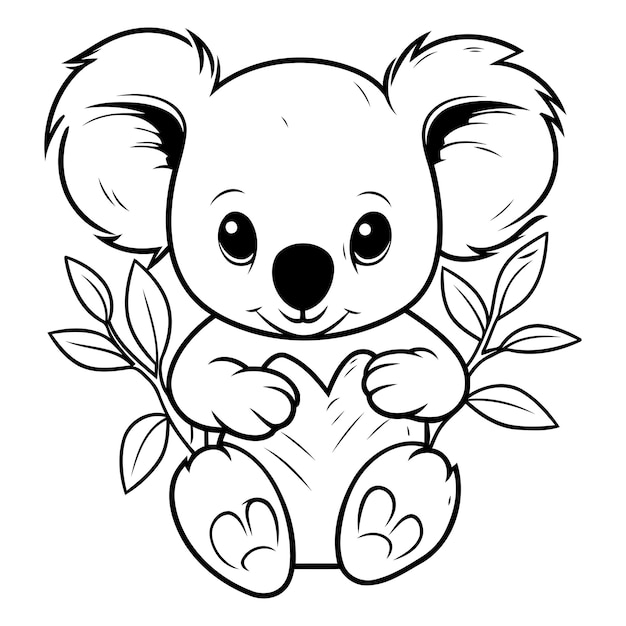 Vector lindo koala con hojas ilustración vectorial para libro de colorear