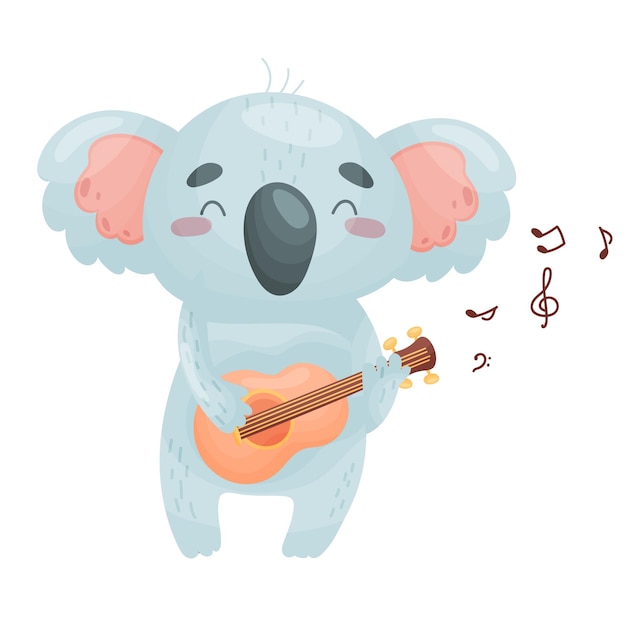 Lindo koala humanizado toca una guitarra clásica ilustración vectorial sobre fondo blanco