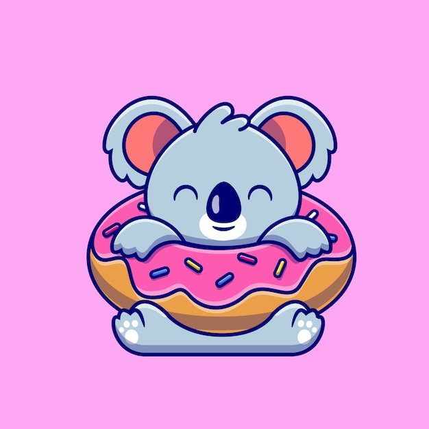 Lindo koala con ilustración de icono de dibujos animados de postre grande. Concepto de icono de comida animal aislado. Estilo de dibujos animados plana